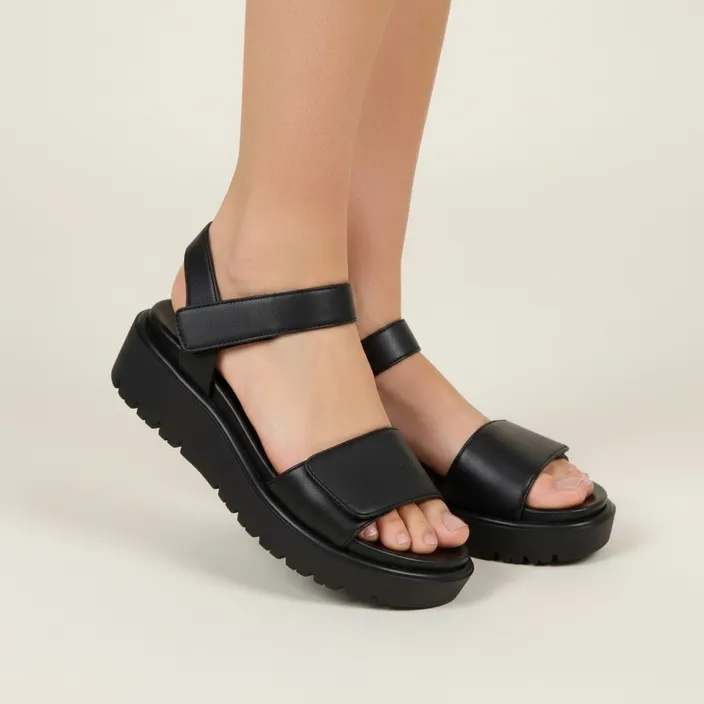 Wedge Sandals Black Leather