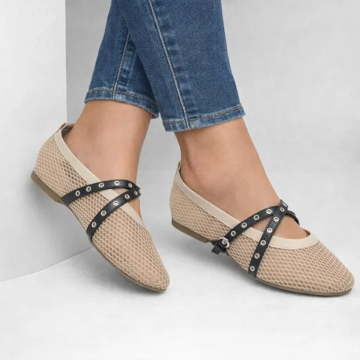 Ballet Flats with Straps and Perforations Beige