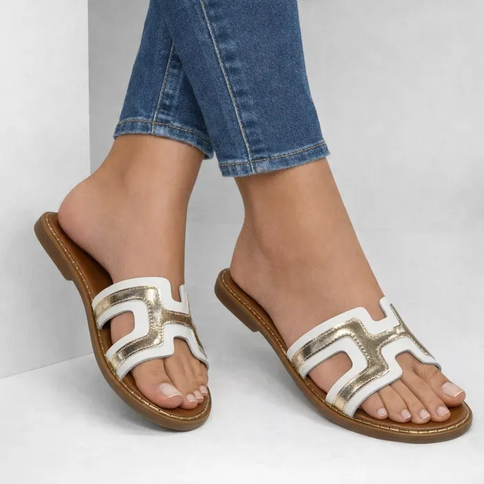 Double Heart Mules White Gold